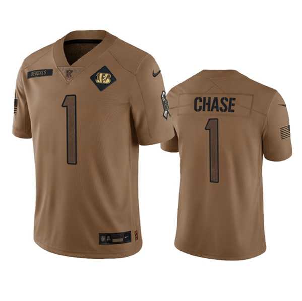 Mens Cincinnati Bengals #1 JaMarr Chase 2023 Brown Salute To Service Limited Football Stitched Jersey Dyin